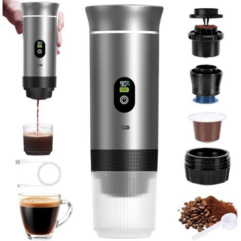 Cafetera espresso portátil, cafetera para coche con autocalentamiento y conexión USB-C, compatible con café molido y cápsulas NS, color gris.
