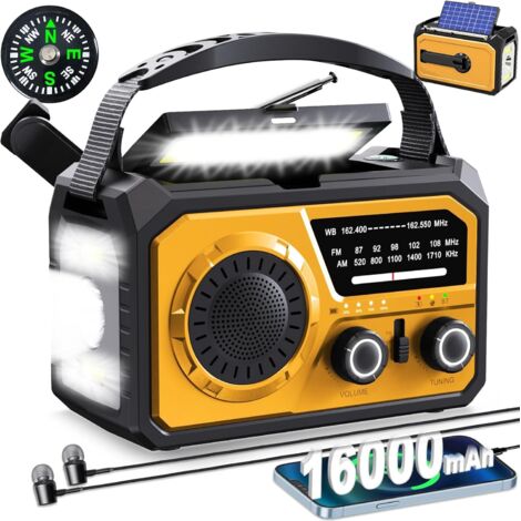 Radio meteorológica de emergencia con manivela de 16.000 mAh, cargador de teléfono móvil, brújula y función SOS para acampada y supervivencia (amarillo)