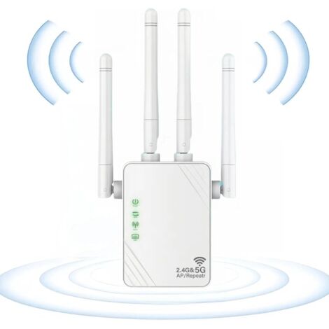 Repetidor/amplificador Wi-Fi de 1200 Mbps, puerto Ethernet, Wi-Fi de doble banda de 5 GHz y 2,4 GHz, compatible con todos los routers Wi-Fi, color blanco.