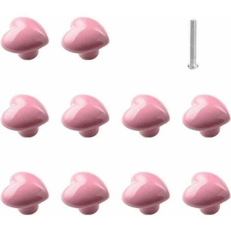 Juego de 10 pomos de cerámica con forma de corazón para cajones - Rosa, pomos para armarios de cocina y roperos.