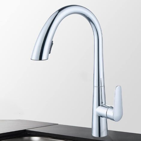 Grifo de cocina con rociador extraíble, rotación de 360°, monomando, doble caño, agua fría y caliente, color plata.