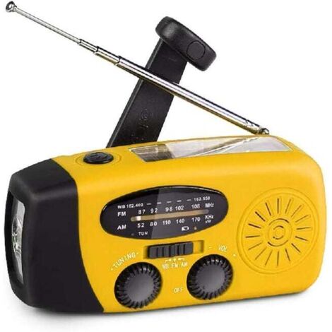 Radio de emergencia con manivela y linterna LED, radio portátil NOAA AM/FM con batería externa de 2000 mAh, color amarillo.