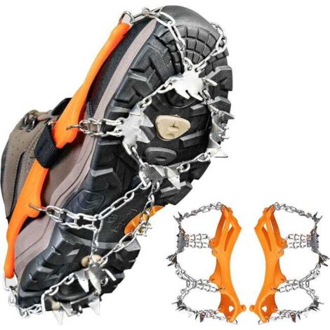 Crampones de senderismo con 24 crampones antideslizantes para caminar, trotar, escalar y hacer senderismo (talla L, naranja)