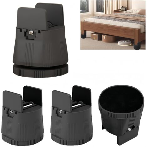 Juego de 4 elevadores para somier compatibles con patas de muebles de 1 a 50 mm de ancho, altura ajustable entre 6 y 8 cm, color negro.