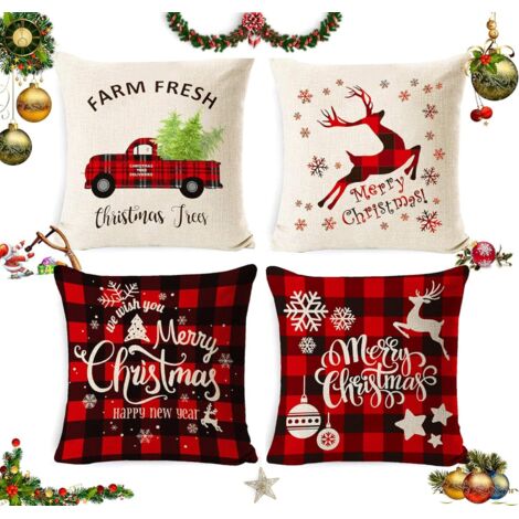 Juego de 4 cojines navideños, funda de cojín navideña, decoración de funda de cojín, adornos navideños, cojines navideños
