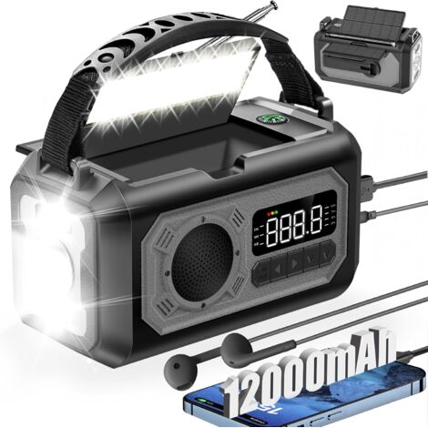 Radio meteorológica de emergencia, radio AM/FM/NOAA, con 2 paneles solares, 3 modos de carga, alarma SOS, linterna de 3 modos, color gris.