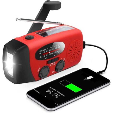 Radio de emergencia con manivela y linterna LED, radio portátil NOAA AM/FM con batería externa de 2000 mAh.