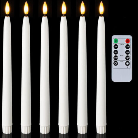 Velas cónicas de 28 cm (11 pulgadas) a pilas con temporizador y regulador de intensidad, juego de 6 velas cónicas sin llama con efecto parpadeante, blancas.
