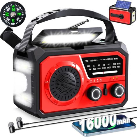 Radio meteorológica de emergencia con manivela de 16.000 mAh, cargador de teléfono móvil, brújula y función SOS para acampada y supervivencia (rojo)