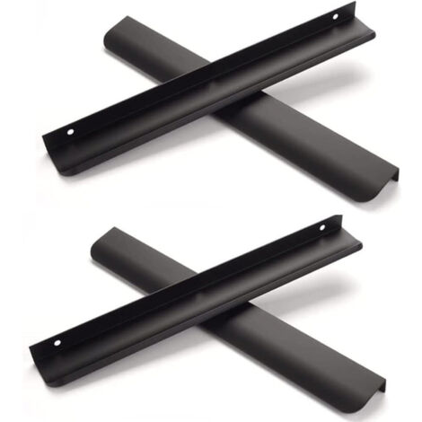 Juego de 4 tiradores ocultos para puertas de armarios de cocina, en color negro mate, con una distancia entre centros de 192 mm y una longitud total de 250 mm.