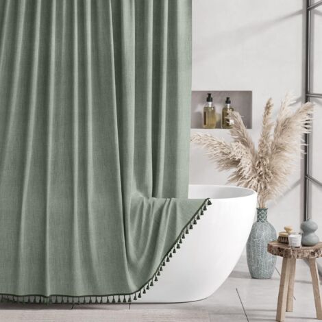 Cortina de ducha minimalista de estilo nórdico, confeccionada en tejido grueso con aspecto de lino, impermeable y resistente al moho, 183 x 183 cm, color verde. (1/5)