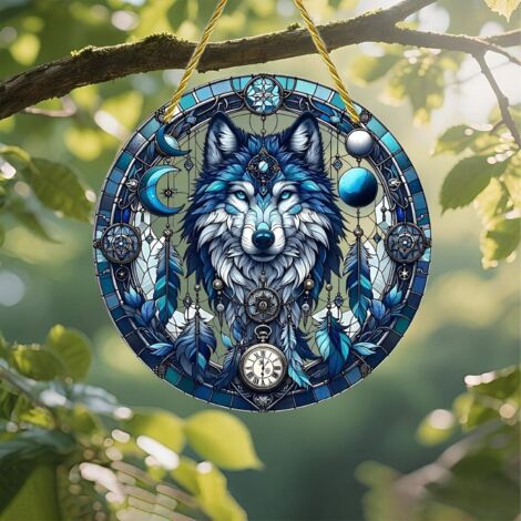 Este adorno de pared bidimensional de colores vivos representa un lobo, mide 20 centímetros de diámetro y está decorado con coloridos estampados. (1/5)