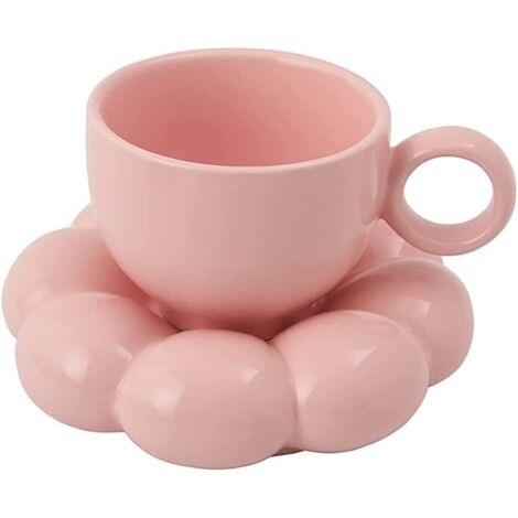 Juego de taza y platillo de café con diseño floral - Tazas bonitas con platillo de girasol - Tazas para latte, 190 ml (6.7 oz) Rosa (1/4)