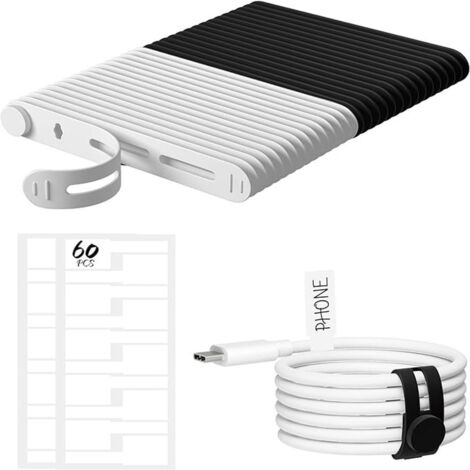 30 clips para cables reutilizables y 60 etiquetas, conector de silicona ajustable para almacenamiento de cables. (1/5)