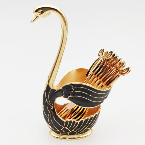 Juego de 6 piezas de cubertería para café con soporte decorativo en forma de cisne (tenedor, negro y dorado). (1/5)