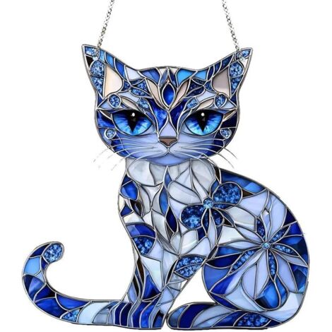 Un colgante de gato de colores vivos con un estampado estilo vidriera, perfecto para la decoración del hogar y el jardín (15 x 15 cm). (1/5)