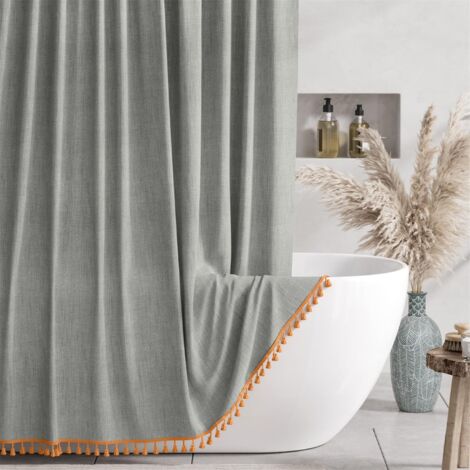 Cortina de ducha minimalista de estilo nórdico, confeccionada en tejido grueso con aspecto de lino, impermeable y resistente al moho, 183 x 183 cm, color gris. (1/5)