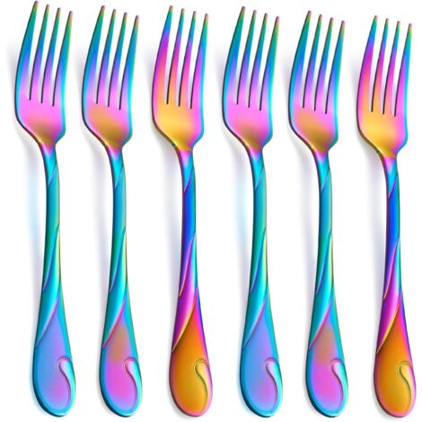 Juego de coloridos tenedores para comer con mangos ondulados, tenedores de acero inoxidable brillantes y coloridos (6 piezas) (1/5)