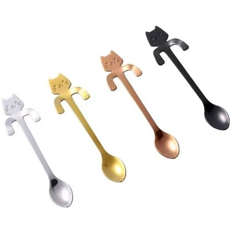 Juego de cuatro cucharillas de café que se pueden colgar en el borde de la taza, fabricadas en acero inoxidable con forma de gato (multicolor). (1/5)