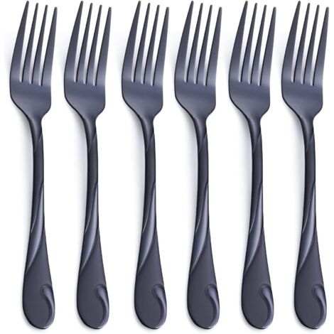 Juego de tenedores de mesa negros con mango ondulado, tenedores de mesa de acero inoxidable negro brillante (6 piezas) (1/4)