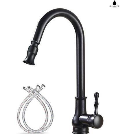 Grifo de cocina, mezclador de fregadero de caño alto con rociador extraíble, estilo latón antiguo, monomando giratorio de 360°, negro.