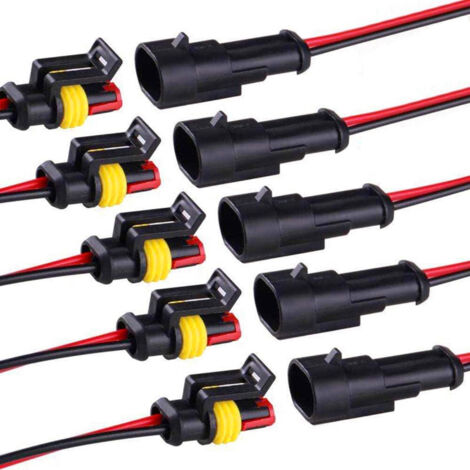 Conector eléctrico de 2 pines, 5 terminales macho + 5 terminales hembra, cable de 16 AWG - 10 cm. Apto para automóviles y camiones. (1/5)
