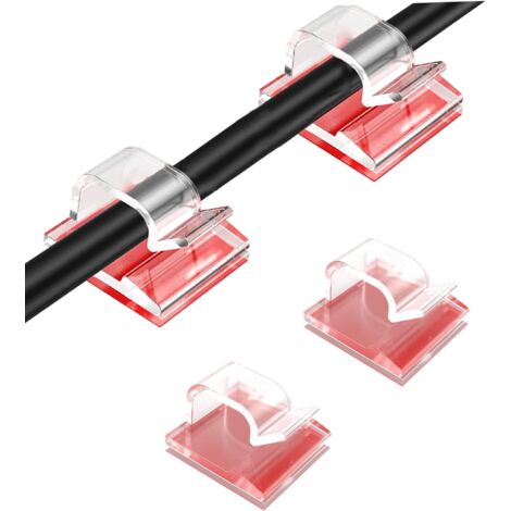 50 clips autoadhesivos para la gestión de cables de oficina, iluminación y revestimientos de paredes (15 mm x 14 mm, transparentes). (1/5)