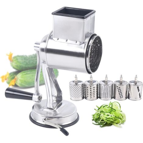 Rallador/cortador de verduras y queso: manivela giratoria con cuchillas de acero inoxidable y función de pelado. (1/5)