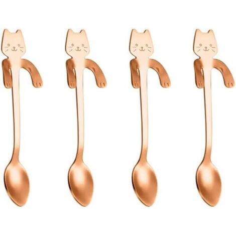 Un juego de cuatro cucharillas que se pueden colgar del borde de una taza, de acero inoxidable, con forma de gato (oro rosa). (1/5)