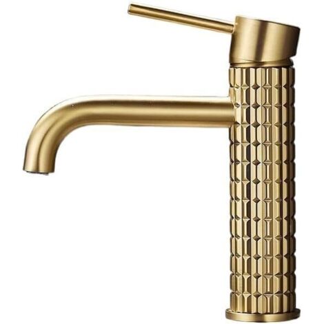 Grifo de lavabo, grifo de baño, grifo monomando para lavabo, latón, grifo de agua fría y caliente – dorado (perfil bajo)