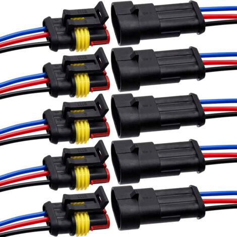 Conector eléctrico de 3 pines, 5 terminales macho + 5 terminales hembra, cable de 16 AWG - 10 cm. Apto para automóviles y camiones. (1/5)