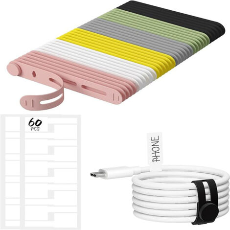 30 clips para cables reutilizables y 60 etiquetas, conector de silicona ajustable para almacenamiento de cables. (1/5)