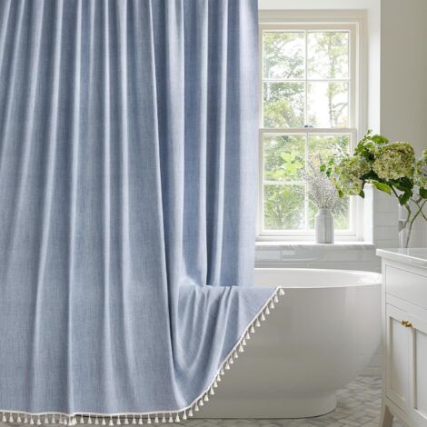 Cortina de ducha minimalista de estilo nórdico, confeccionada en tejido grueso con aspecto de lino, impermeable y resistente al moho, 183 x 183 cm, color azul. (1/5)