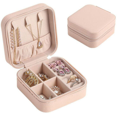 Caja rosa para guardar joyas: organizador para pendientes, collares y anillos. Idea de regalo para la oficina o el hogar.