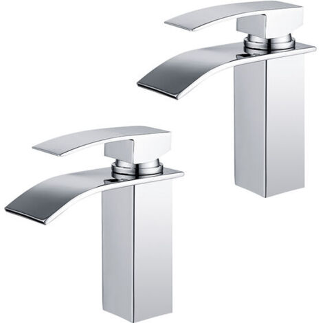 Juego de 2 grifos de lavabo tipo cascada cromados – acero inoxidable 304 – Instalación de un solo orificio (1/5)