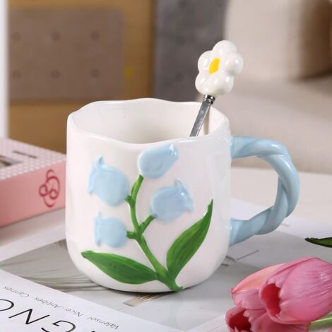 Taza de café/té de cerámica con forma de tulipán en 3D, 480 ml, con cuchara y asa (azul)