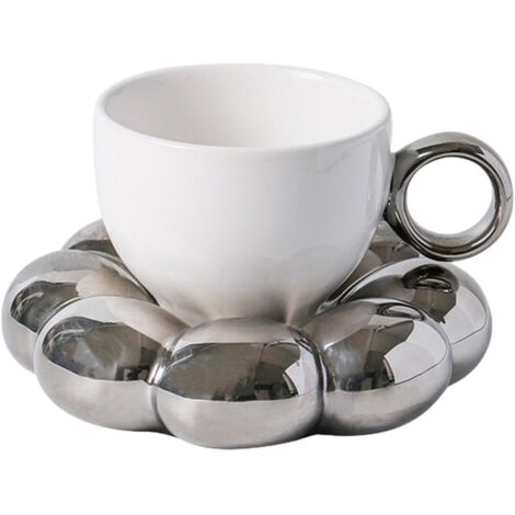 Juego de taza y platillo de café con diseño floral - Tazas bonitas con platillo de girasol - Tazas para latte, 6.7 oz blanc (1/4)