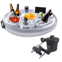 Bandeja flotante inflable para bebidas – Gran capacidad – para piscinas al aire libre, playas, fiestas y spas (plateada + bomba eléctrica)