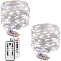Juego de 2 guirnaldas de luces, 400 LED, 40 m, 8 modos, USB, resistentes al agua, de cobre, con mando a distancia y temporizador (luz blanca).