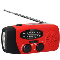 Radio portátil AM/FM/NOAA con energía solar, 3 linternas LED integradas y cargador para teléfono móvil. Color rojo.