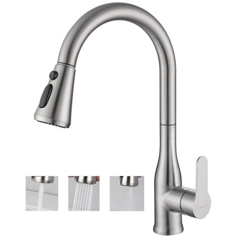 ONECE Robinet de Cuisine avec Douchette, Mitigeur Evier Extractible avec 3 Jets d'eau, Robinettrie Rotatif 360° pour Evier Double, Acier Inoxydable, Cartouche Céramique, Brossé