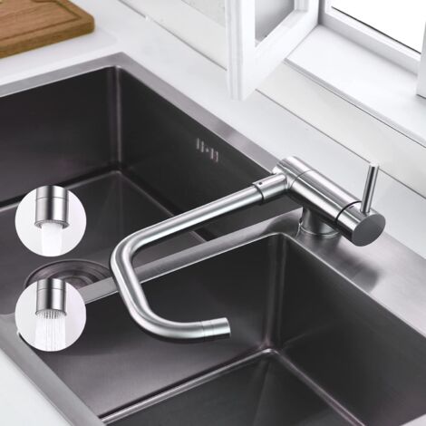 ONECE Robinet de Cuisine Rabattable avec 2 Jets d'eau, Mitigeur Évier Repliable Pivotant à 360°, Robinetterie devant Fenêtre, Robinet Pliable en Acier Inox SS304, Brossé
