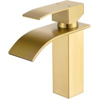 ONECE Robinet de Lavabo Cascade Doré, Mitigeur Cascade Robinet Salle de Bains Monotrou Sur Plage, Robinetterie Lavabo Vasque à Poser, Cartouche Céramique, Bas