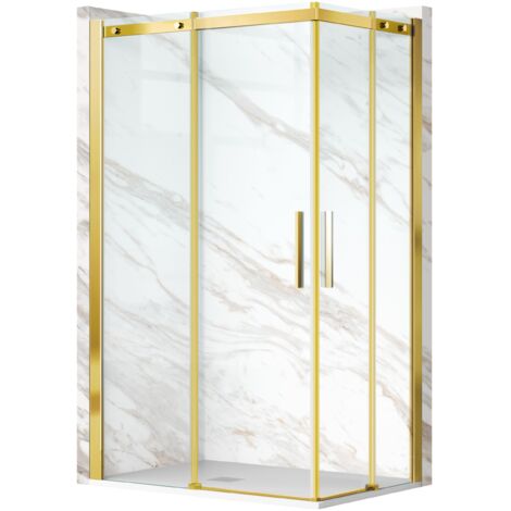 Cabine de douche 90x90 cm coulissante en 6mm verre trempé anticalcaire, profils dorés (1/5)