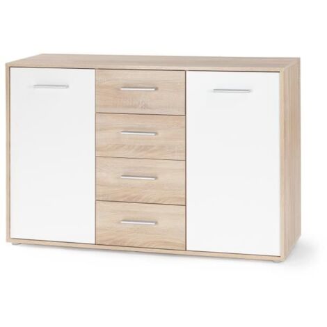 Buffet bas PILVI - 2 portes et 4 tiroirs - Blanc et chene sonoma - L 122,6 x P 34,2 x H 81,1 cm (1/5)