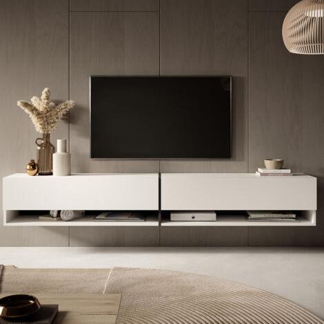 Selsey – Meuble TV 200 cm blanc avec insert bleu marine – 2 armoires verrouillables – Étagères ouvertes – Panneau stratifié résistant (1/5)