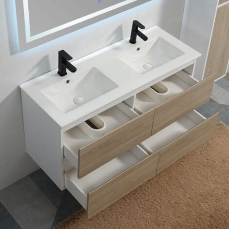 Meuble salle de bain 4 Tiroirs Chêne Gris double vasque 120cm Scandinave