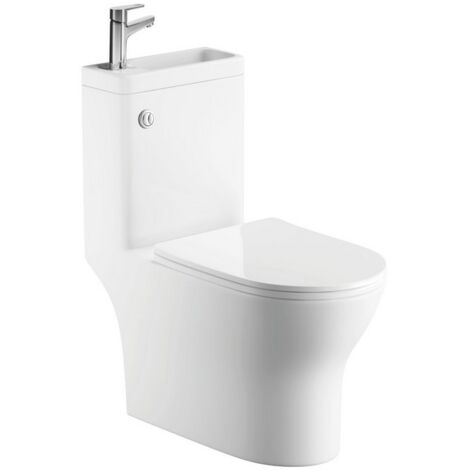 Rue Du Bain – WC à poser monobloc avec lave-mains intégré 37x70 cm céramique – Sortie horizontale – Mécanisme 3/6 litres – Abattant frein de chute