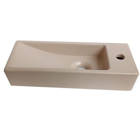 Rue Du Bain – Lave-main suspendu ou à poser en céramique beige mat 38x15 cm – Sans trop-plein – Plage de robinetterie à droite – Installation murale recommandée