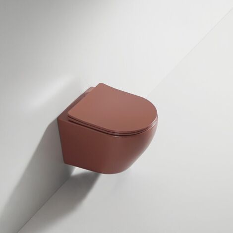 Rue Du Bain – WC suspendu ovale sans bride Rimless – Céramique terracotta – Dimensions 49x36 cm – Abattant frein de chute pour fermeture silencieuse